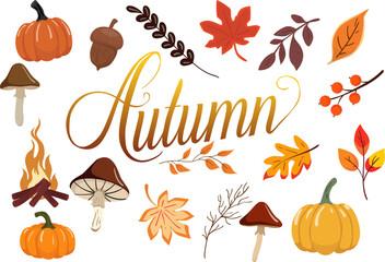 Autumn set of vector illustrations of mushrooms, leaves, pumpkin, fire, acorn. Autumn sticker set.