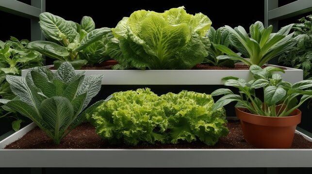 Fresh, vibrant hydroponic vegetables on tiered shelves.