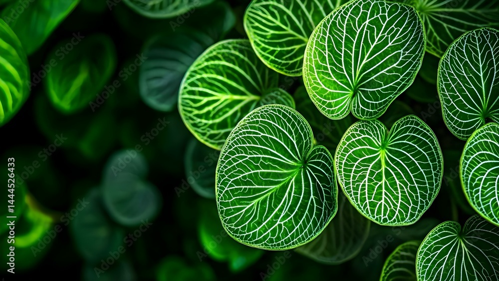Poster close-up of lush green leaves with intricate vein patterns, creating a vibrant and textured natural 