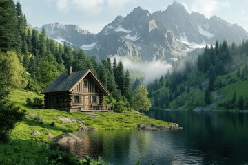 Fototapeta premium Cabin nestled by a tranquil mountain lake surrounded by lush greenery and towering peaks in the morning light, Cabin by a mountain lake with lush green surroundings Scenic mountain retreat concept
