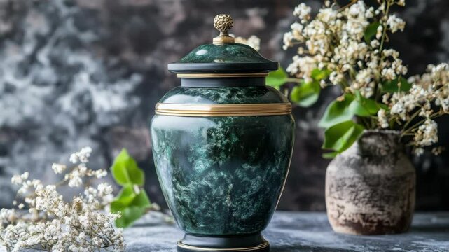 Elegant green urn with flowers on textured background  