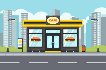 Obraz premium Burger in the city. Burger building on a city street. Fast food restaurant by the road in a modern city. Burger cafes on windows, benches, billboards, trash cans, lampposts, roads and sidewalks.