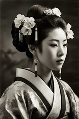 Vintage black-and-white photograph Japanese woman in traditional attire