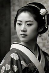 Vintage black-and-white photograph Japanese woman in traditional attire