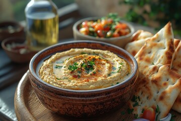 Creamy hummus with pita bread, salad, outdoor setting