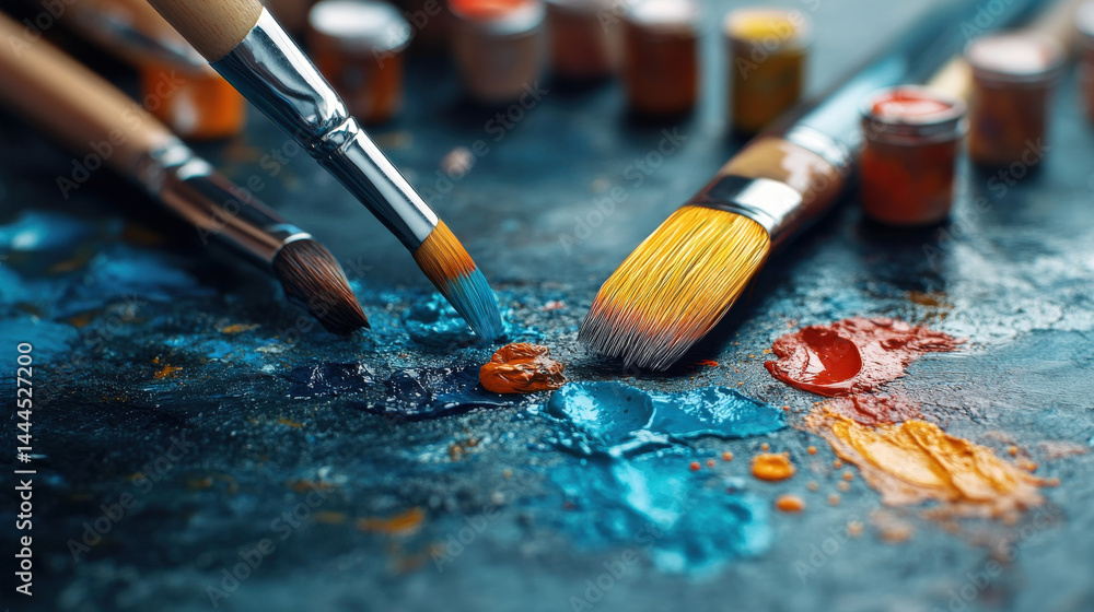 Poster vibrant paintbrushes with colorful paint on textured surface, showcasing creativity and artistic exp