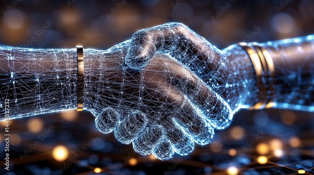 Poster digital handshake composed of interconnected lines and nodes symbolizes fusion of technology and hum