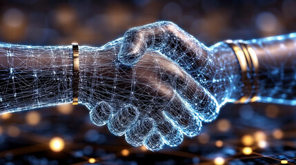 Digital handshake composed of interconnected lines and nodes symbolizes fusion of technology and human collaboration, highlighting themes of innovation and partnership