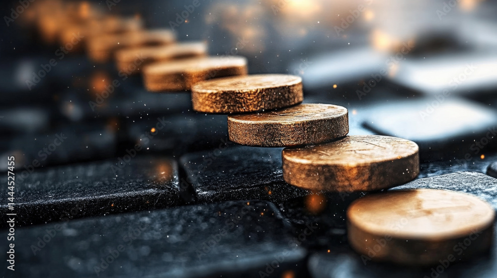 Fototapete Row of coins is balanced on keyboard, symbolizing intersection of finance and technology. image captures concept of digital currency and modern business ethics