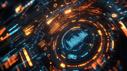 futuristic digital financial data visualization with glowing graphs, numbers, and abstract technological elements in blue and orange tones, symbolizing data analysis and trading.
