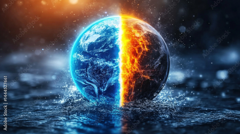 Poster digitally created image of earth shows one half engulfed in flames and other in water, symbolizing c