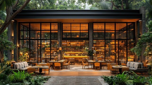Modern outdoor cafe in a lush garden setting