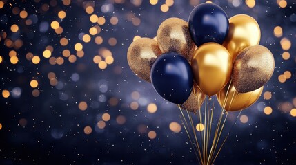 Elegant celebration with golden and navy balloons against a dreamy background of glitter and lights