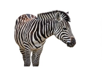 Fototapeta premium A zebra with black and white stripes standing on a white background in a studio setting view from side