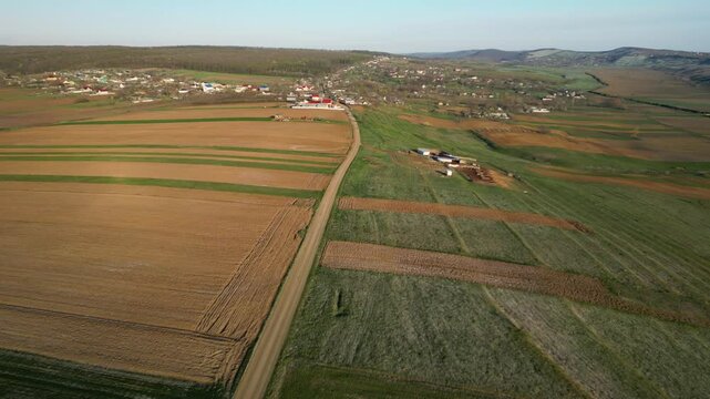 Peaceful rural landscape in northeast region of Romania. Aerial drone overview