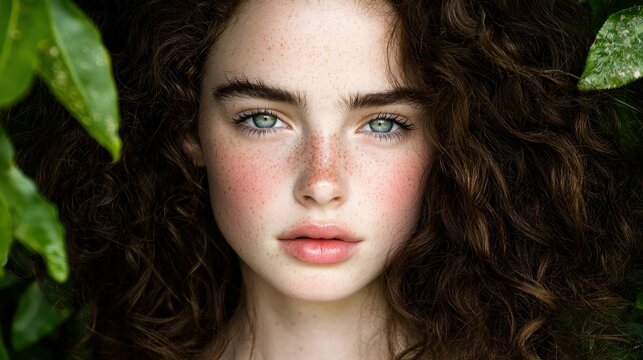 A beautiful woman with green eyes and freckles poses naturally