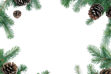 Naklejka premium Fir Branches and Pine Cones Bordering a White Background Image