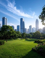 Obraz premium Nature park in a metropolitan city, tall skyscraper building skyline