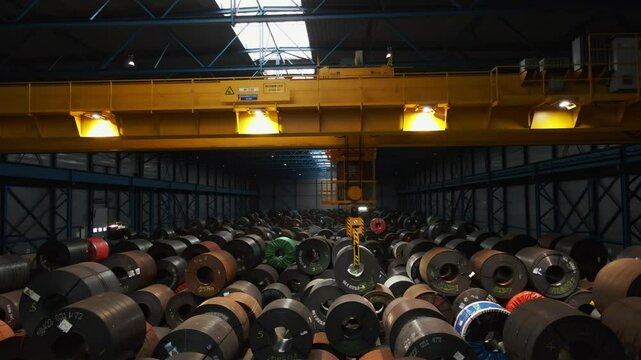 Wide view of a large overhead bridge crane picking up a large steel coil and moving it in a dark warehouse
