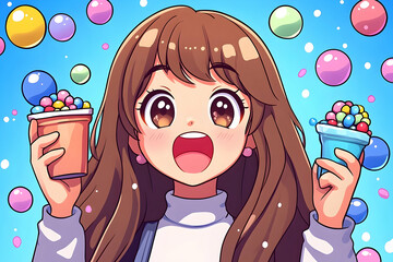 Anime girl with bubble drinks