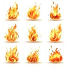 set of different burning flames isolated on white background,