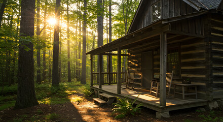 Fototapeta premium Idyllic Cabin Retreat Amidst Lush Forest With Sunlight Peeking Through Trees
