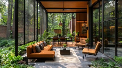 Fototapeta premium Modern outdoor living space with lush greenery