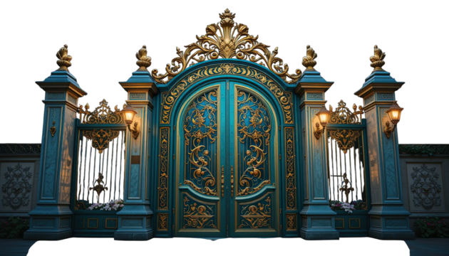 Grand Entryway: Capturing an elaborate and detailed design of an ornate teal and gold gate, it exudes luxury and exclusivity. it will be perfect for a luxury or architectural project.