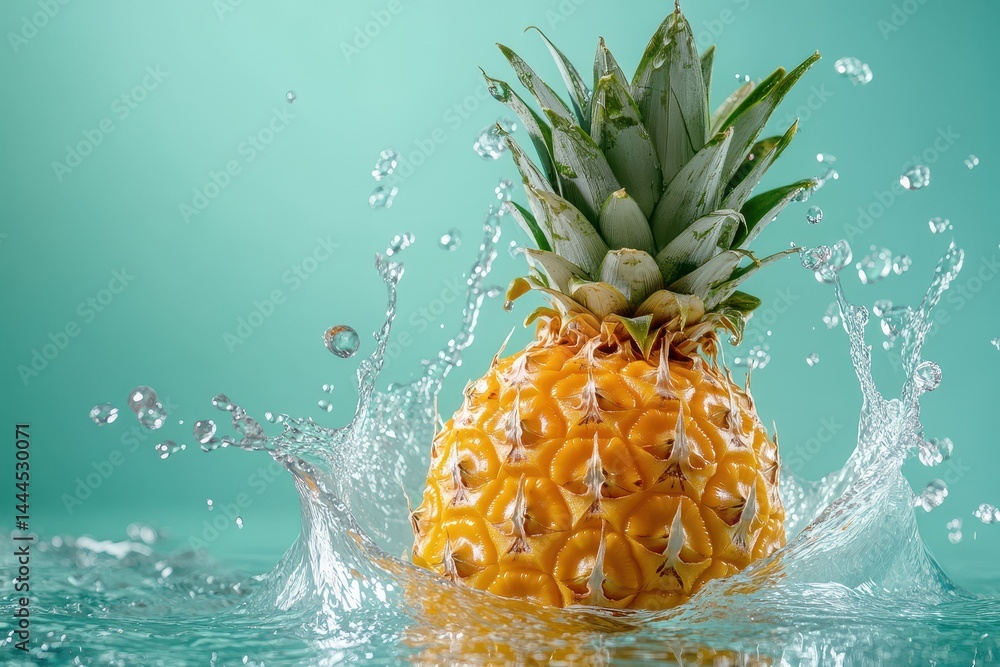 Poster fresh pineapple splashes into clear water against a vibrant teal background creating a refreshing vi