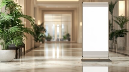 Fototapeta premium Pull up banner mockup stands in the lobby. Blank roll up poster stands in elegant hallway interior