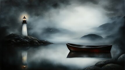 A solitary lighthouse illuminates a dark coast next to a small boat