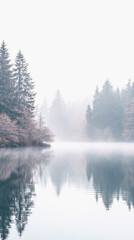 Obraz premium Tranquil misty lake with reflections and trees in serene landscape