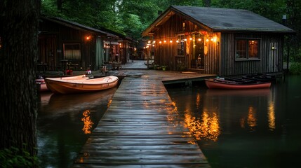 Wooden cabins are situated by the water with boats and lights