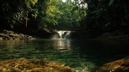Naklejka premium A small waterfall and serene water in lush green surroundings