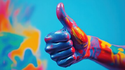 Hand with a blue background gives a thumbs up sign indicating approval or success of a particular idea or concept._00001_
