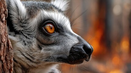 Double exposure lemur with burning jungle in secure wildlife concept. Close-up of a lemur's expressive eye in a natural setting.