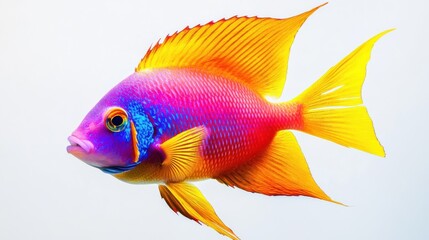 Fototapeta premium A vibrant tropical fish with vivid colors and fine textures, swimming gracefully against a white background that accentuates its beauty. Ultra-Realistic, Photo Realistic, highly detailed,