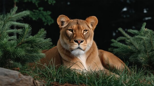 Majestic lioness resting amongst greenery.