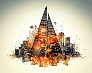 Abstract cityscape with a triangular structure, glowing lights, and a dreamy background atmosphere