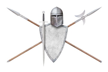 sword helmet iron shield and lances isolated on white