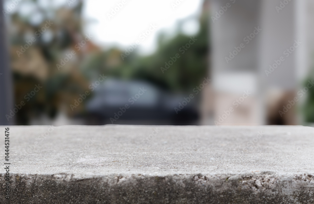 Aufkleber Stone table. Stone platform copy space with blurred background. Empty stone concrete grey table display template countertop for product placement and design. Luxury stone table podium