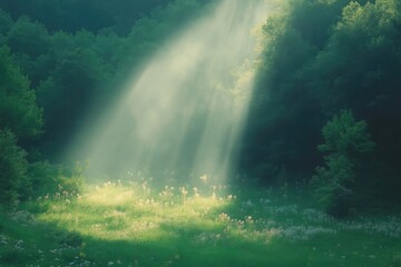 Sunlight beams through a misty forest clearing