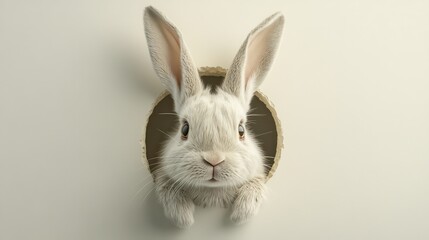 Obraz premium Fluffy Easter bunny with long ears peeking curiously out of a round hole in a pale cream background