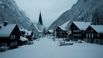 Fototapeta premium A snowy mountain village with church and snow covered buildings