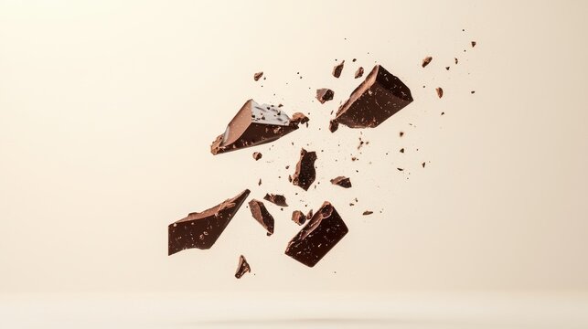 Dynamic image of chocolate pieces exploding and floating mid-air against a neutral background. High-speed photography concept.