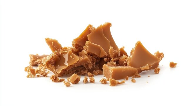 Isolated broken caramel toffee crumbs round milk confections brown sugar candies and small caramel treats on a white background