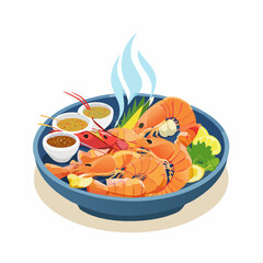 Steamed Shrimp with Spicy Dipping Sauces and Fresh Vegetables in Vector Style Illustration


