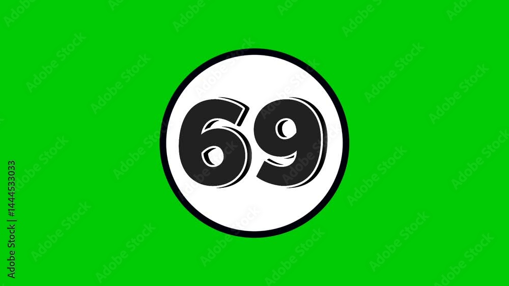 Poster number 69 symbol sign animation motion graphics cartoon black color on green screen background.numbe
