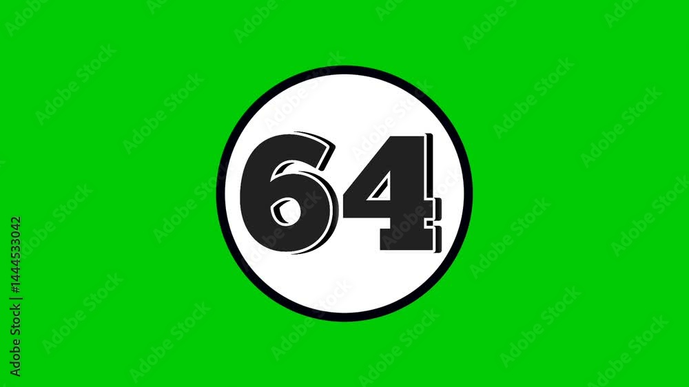 Poster number 64 symbol sign animation motion graphics cartoon black color on green screen background.numbe