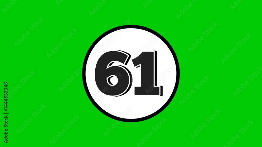 Poster number 61 symbol sign animation motion graphics cartoon black color on green screen background.numbe